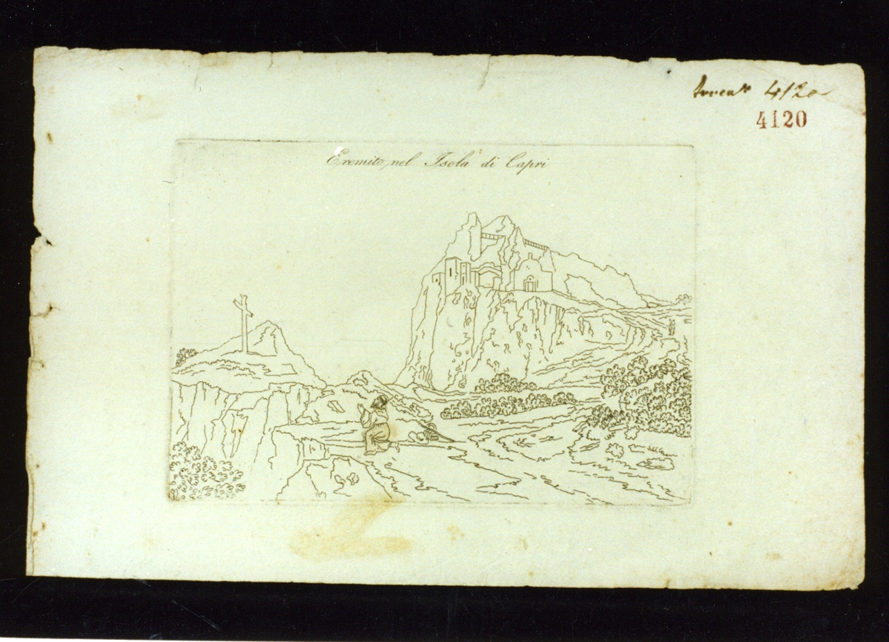 paesaggio caprese con eremita (stampa) - ambito italiano (metà sec. XIX)