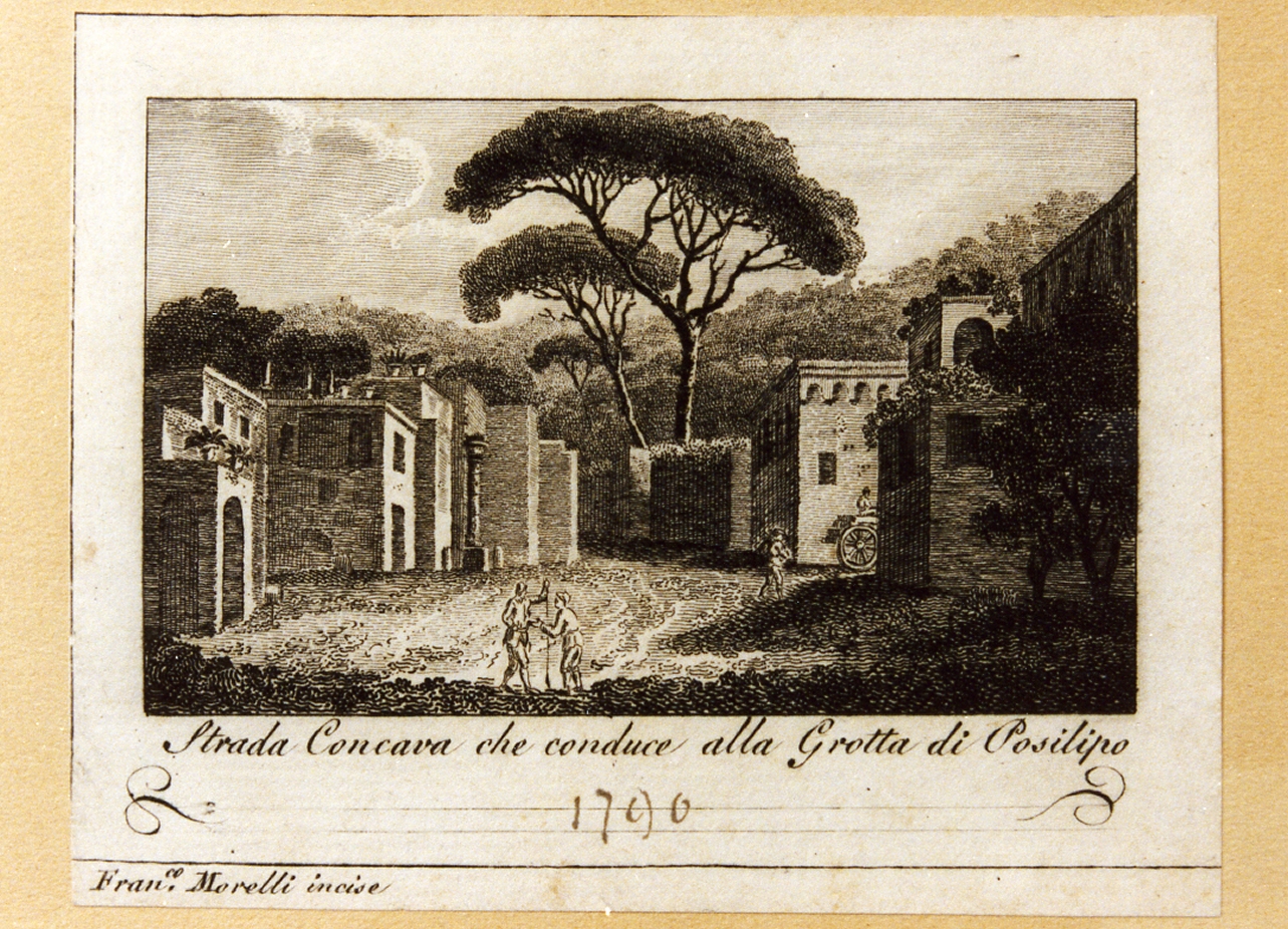 veduta della strada che conduce alla grotta di Posillipo (stampa) di Morel François (sec. XVIII)