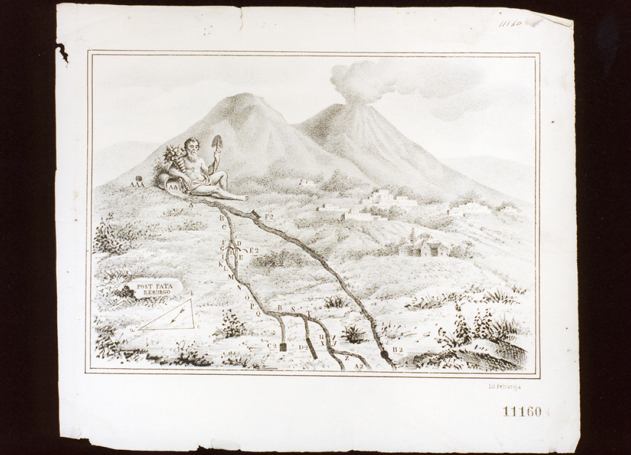 veduta del Vesuvio con allegoria fluviale (stampa) - ambito italiano (sec. XIX)
