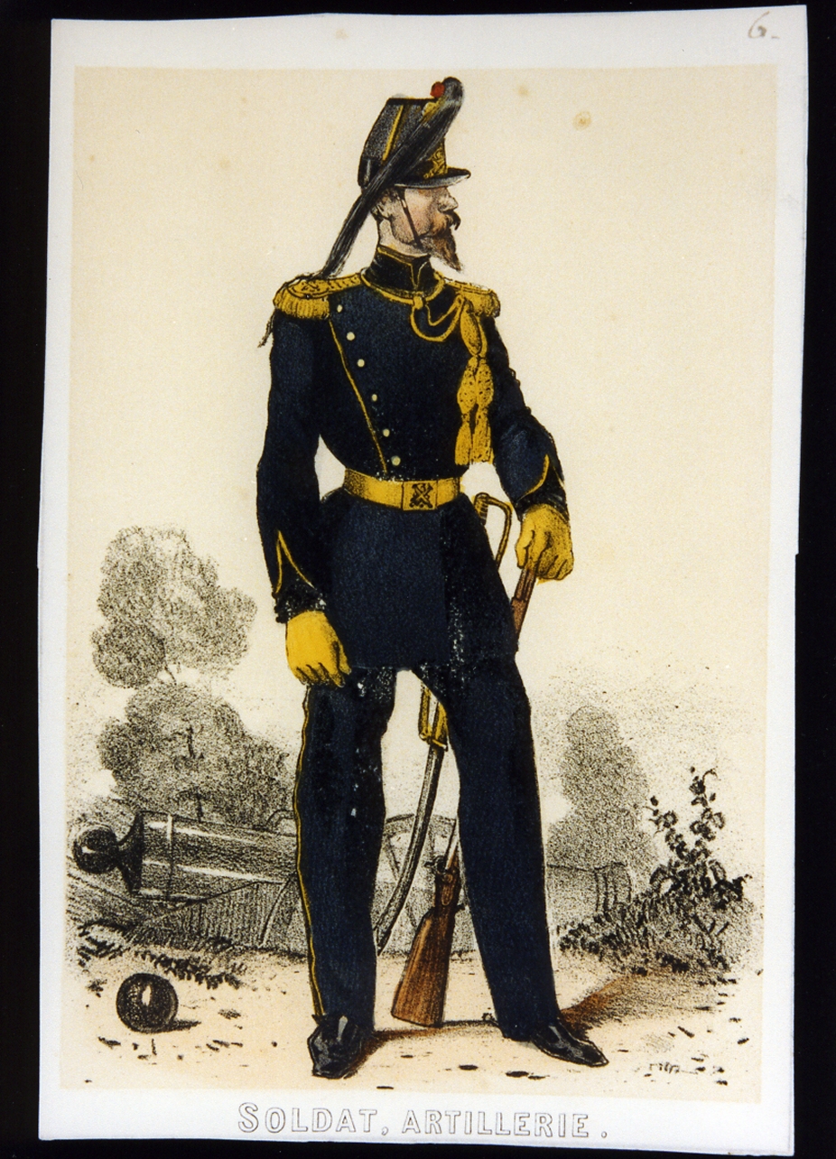 artigliere dell'esercito sabaudo (stampa a colori) - ambito italiano (sec. XIX)