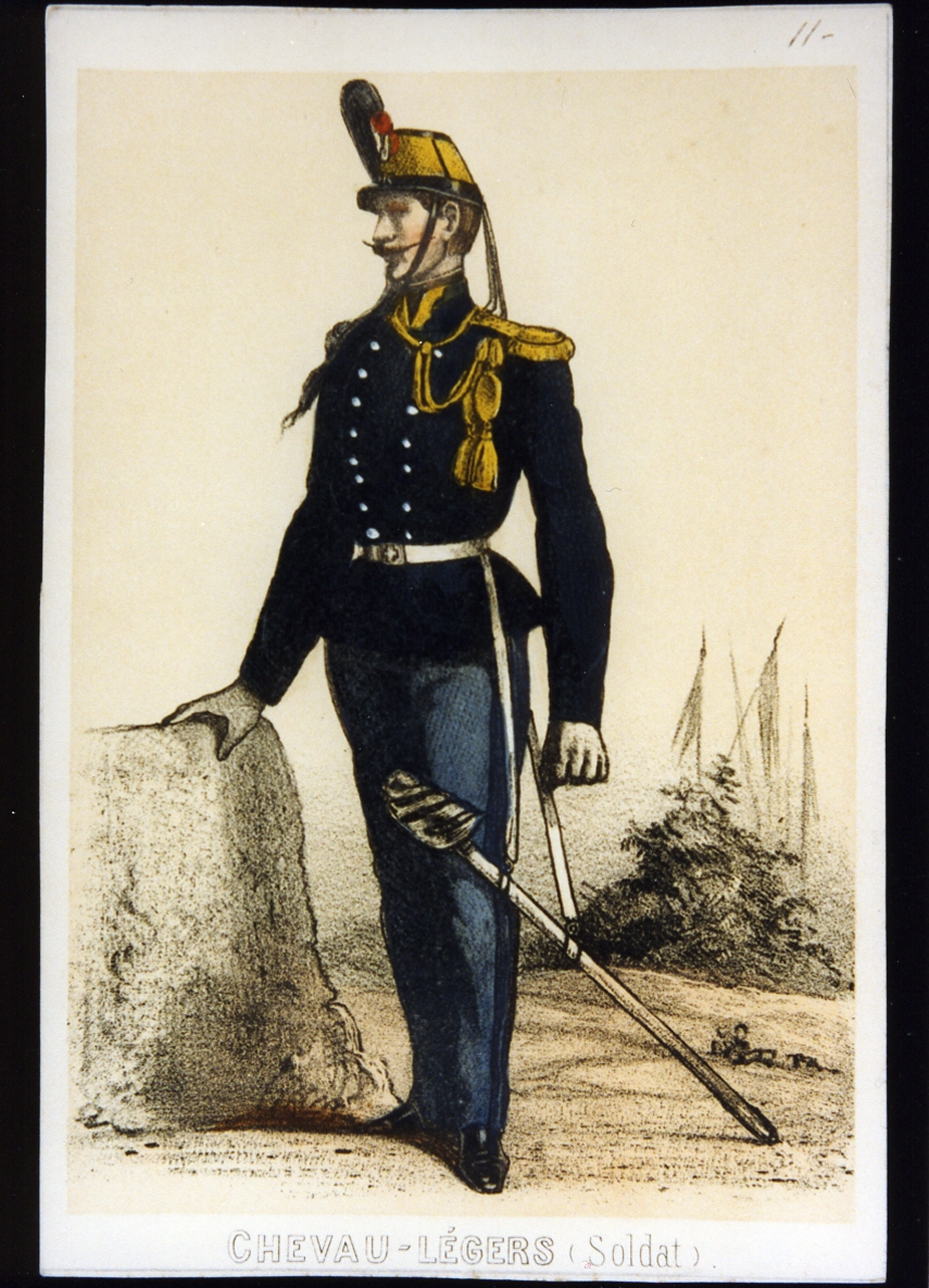 cavalleggero dell'esercito sabaudo (stampa a colori) - ambito italiano (sec. XIX)