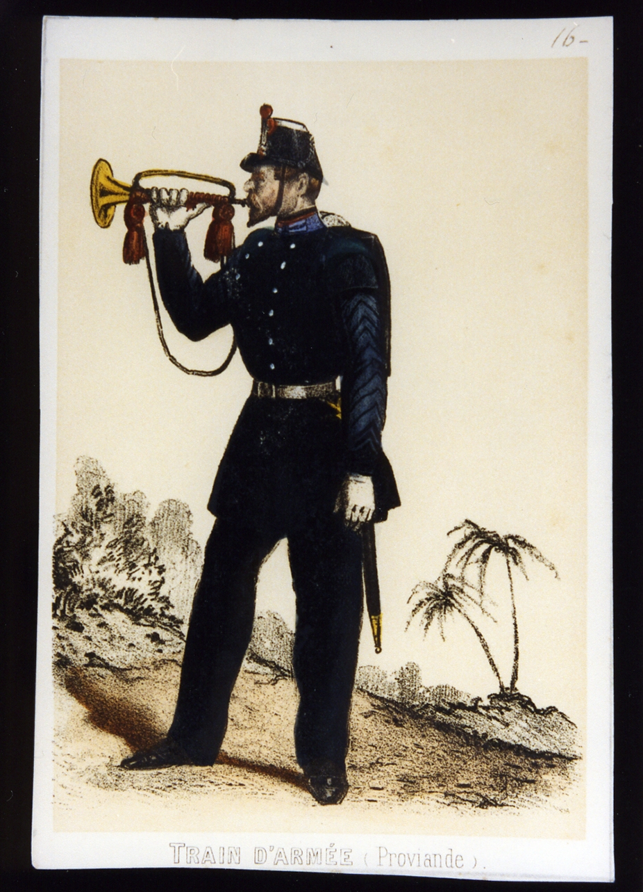 trombettiere dell'esercito sabaudo (stampa a colori) - ambito italiano (sec. XIX)