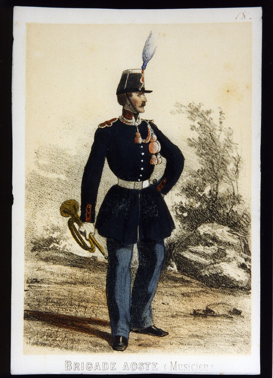 trombettiere della brigata Aosta dell'esercito sabaudo (stampa a colori) - ambito italiano (sec. XIX)