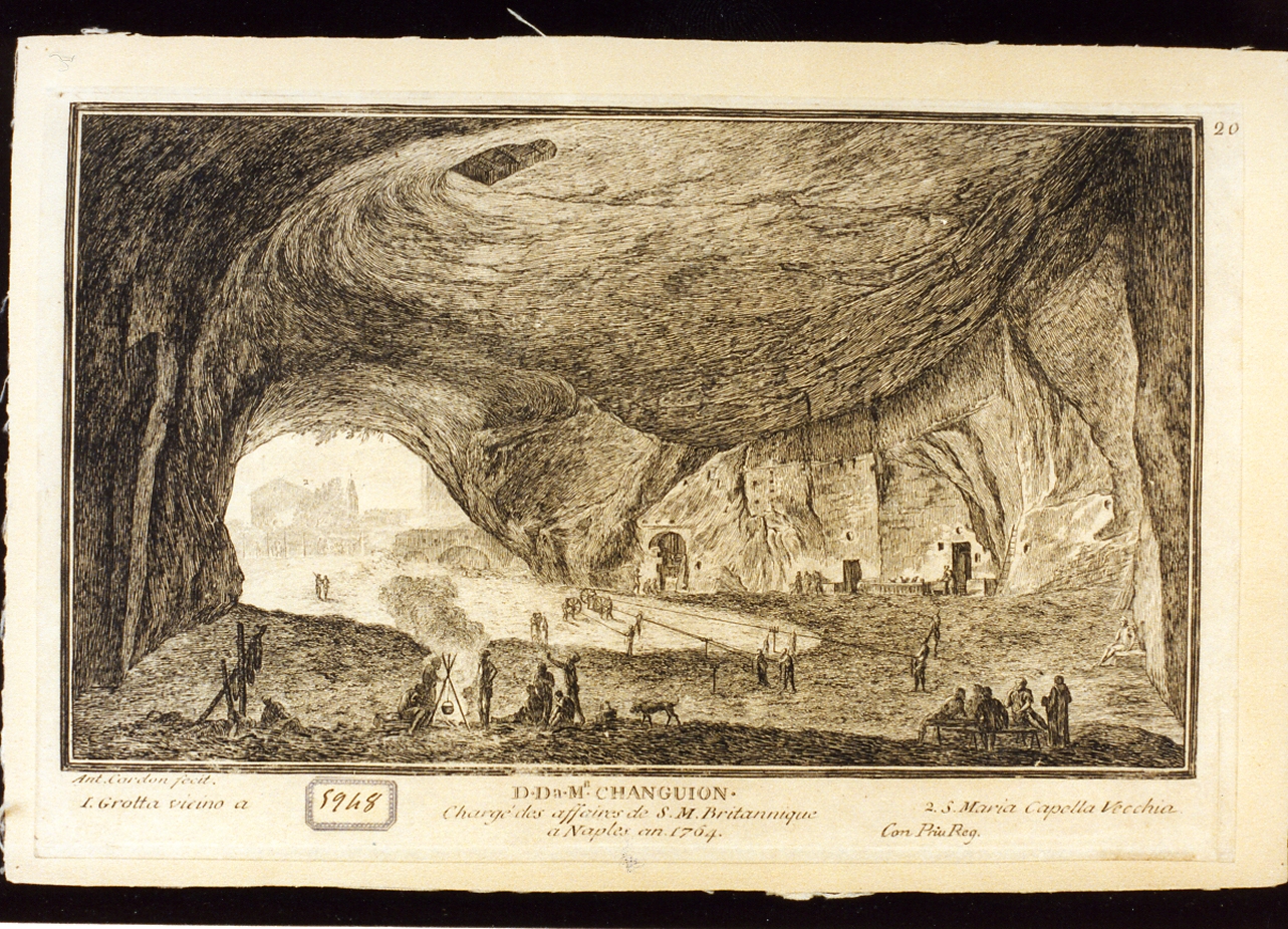 veduta di una grotta vicino a Santa Maria a cappella vecchia a Napoli (stampa) di Cardon Antoine (sec. XVIII)