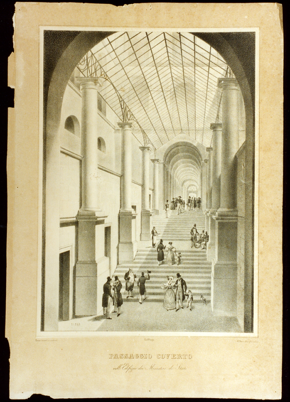 veduta di palazzo San Giacomo a Napoli (stampa) di Dura Gaetano, Gasse (metà sec. XIX)