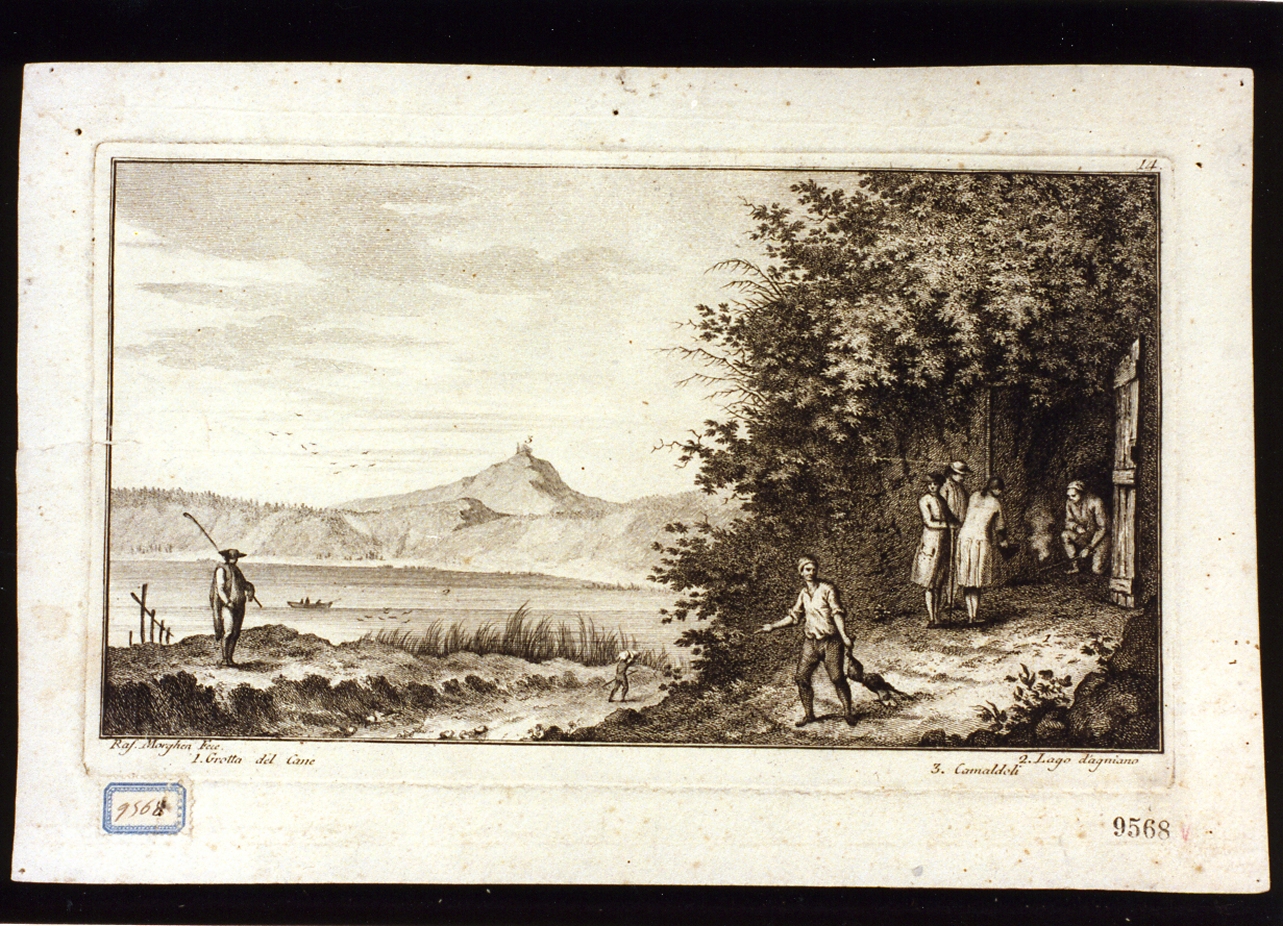 veduta della grotta del cane presso il lago di Agnano (stampa) di Morghen Raffaello (sec. XIX)