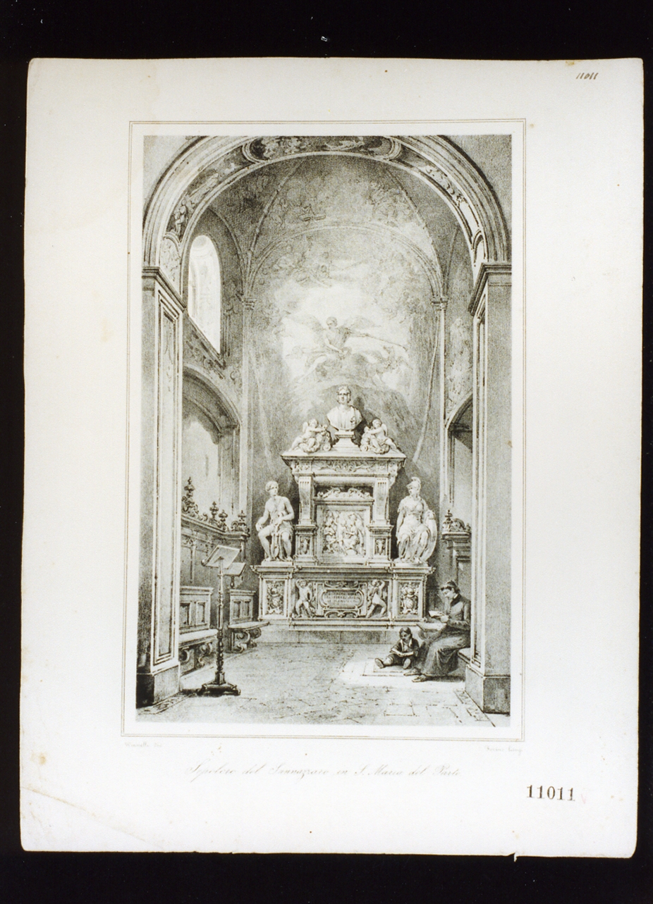 sepolcro di Jacopo Sannazaro in Santa Maria del Parto a Napoli (stampa) di Forino Gioacchino, Vianelli Achille (secondo quarto sec. XIX)