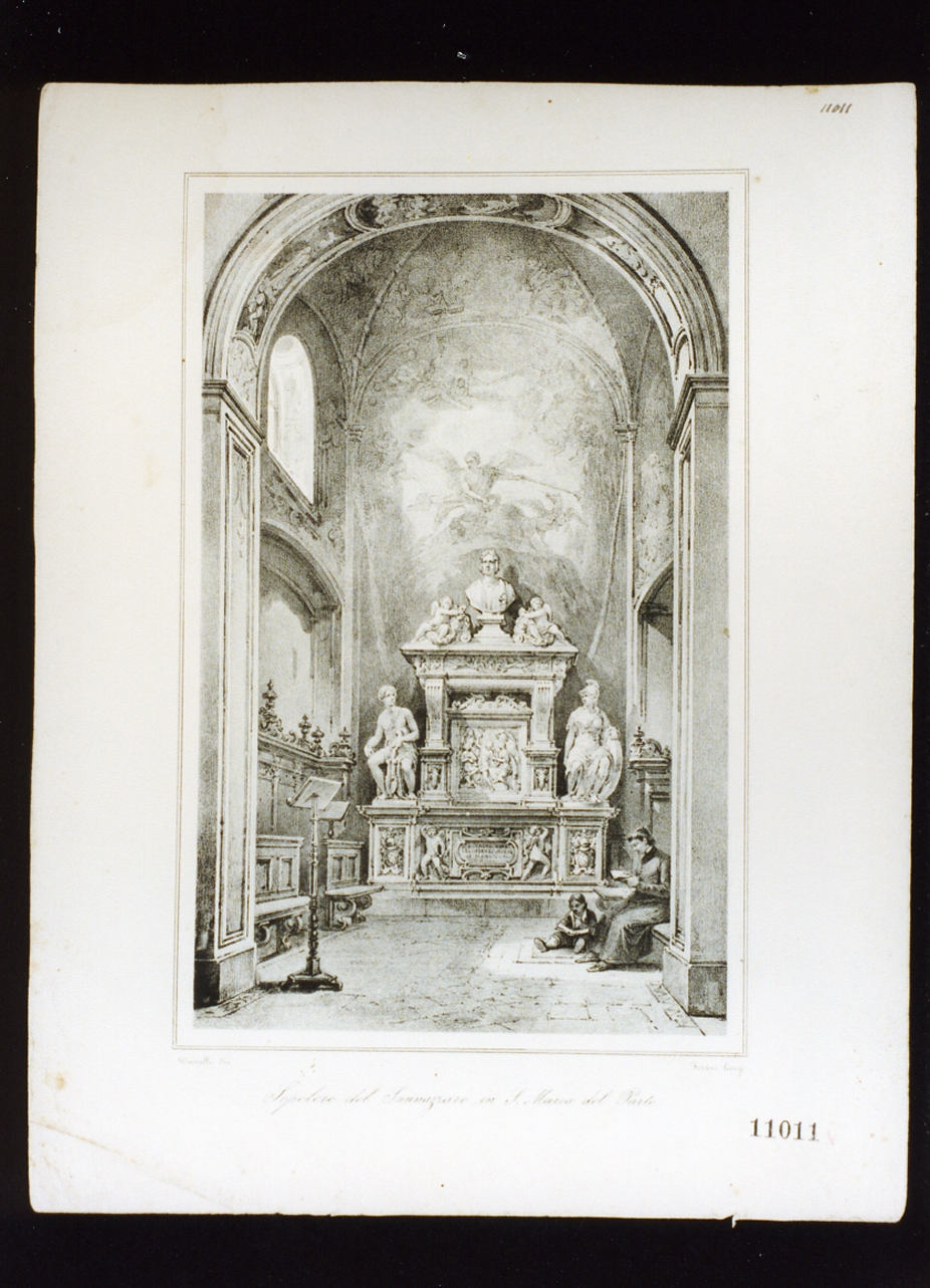 sepolcro di Jacopo Sannazaro in Santa Maria del Parto a Napoli (stampa) di Forino Gioacchino, Vianelli Achille (secondo quarto sec. XIX)