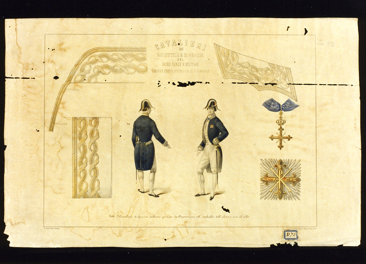tavola con uniformi dei cavalieri di giustizia e di grazia dell'ordinecostantiniano di San Giorgio (stampa a colori) di Dura Gaetano (sec. XIX)