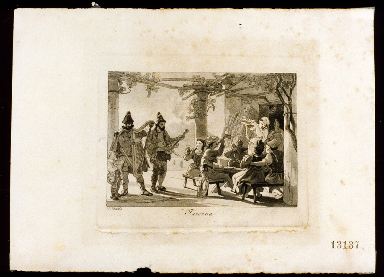 scena popolare in una taverna (stampa tagliata) di Vianelli Achille (sec. XIX)