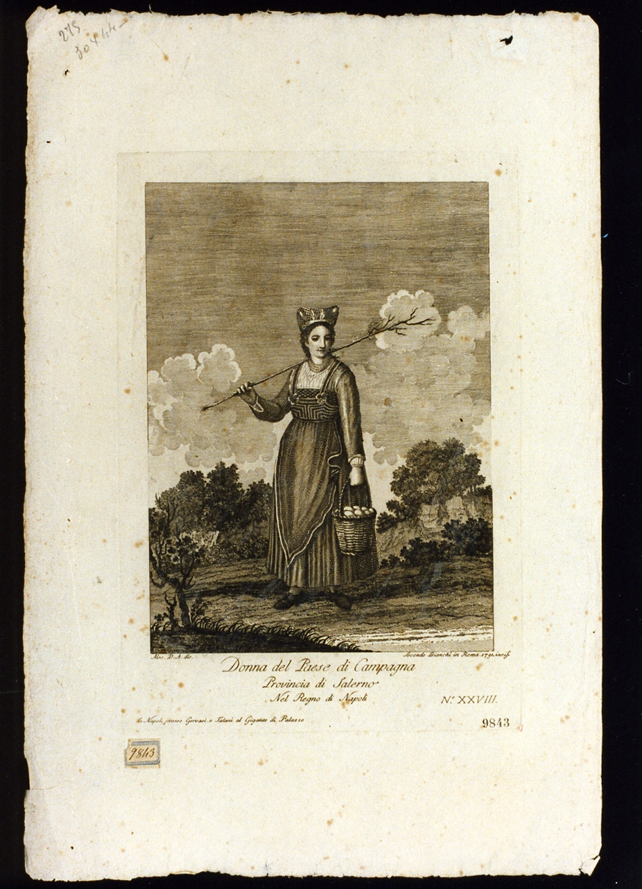 figura femminile del paese di campagna in costume popolare (stampa) di Bianchi Secondo (sec. XVIII)