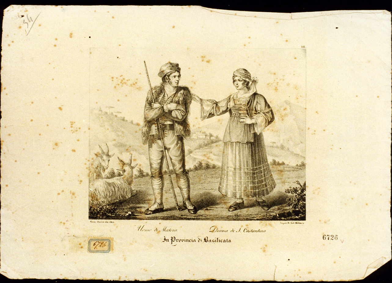 popolano di Matera e popolana di San Costantino in costume (stampa) di Forino Gioacchino (sec. XIX)