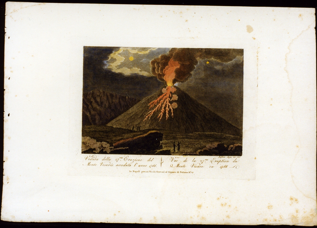 veduta del Vesuvio in eruzione (stampa a colori) di Aloja Raffaello (sec. XIX)