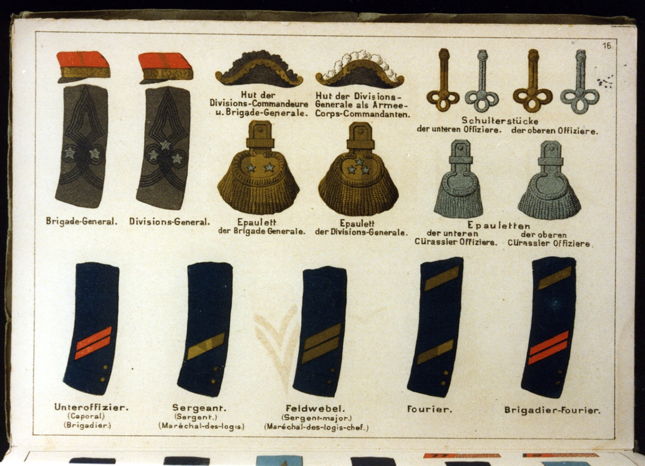 particolari di uniformi militari dell'esercito francese (stampa a colori) - ambito tedesco (seconda metà sec. XIX)