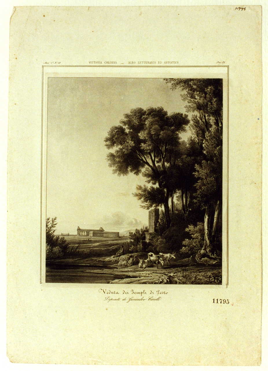 veduta dei templi di Paestum (stampa tagliata) di Carelli Consalvo, Wenzel Francesco (metà sec. XIX)