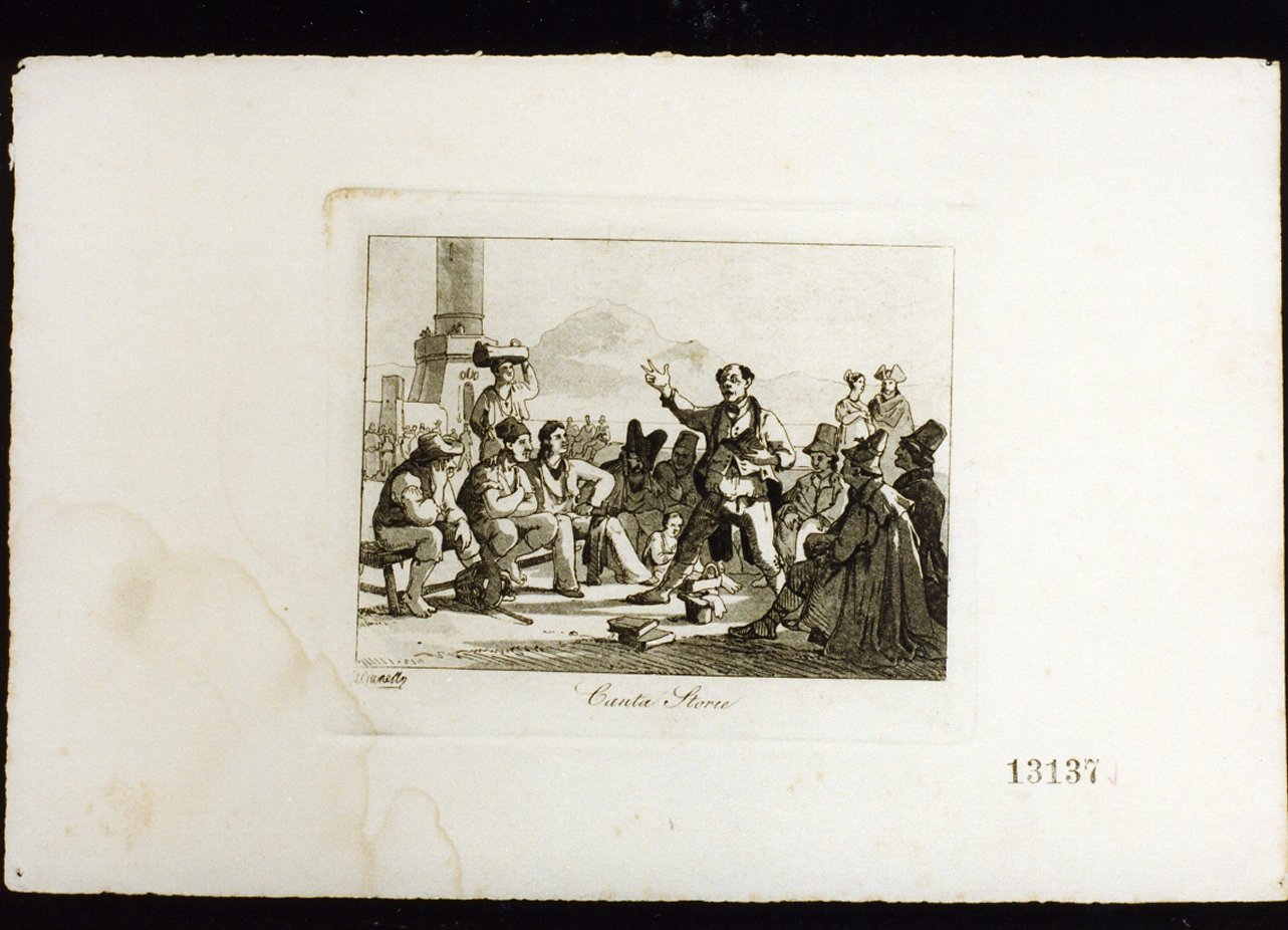scena popolare di un canta storie (stampa) di Vianelli Achille (sec. XIX)