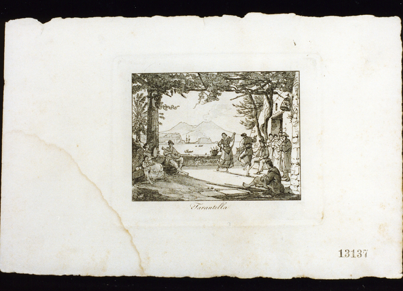 scena popolare con danzatori di tarantella (stampa) - ambito napoletano (sec. XIX)