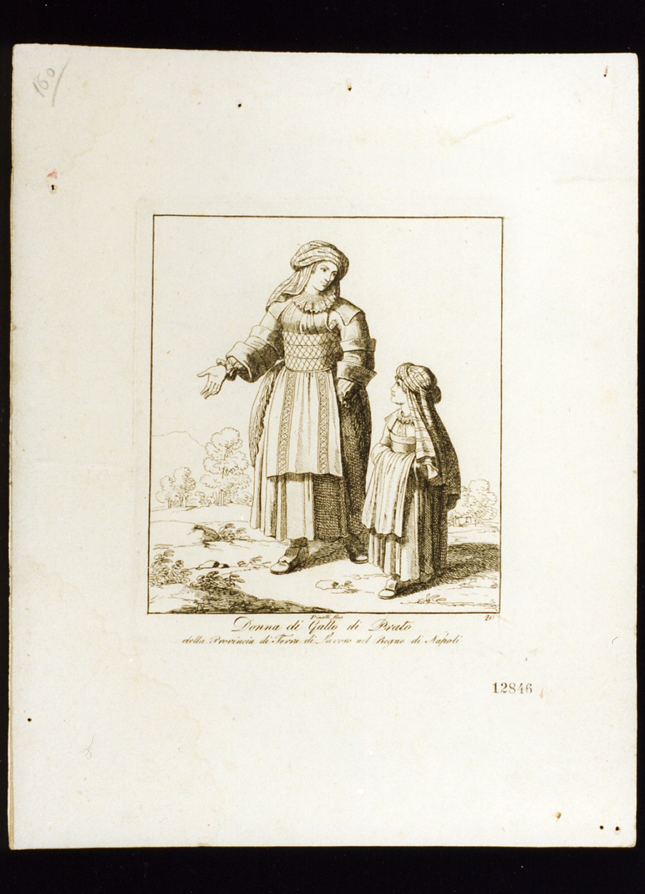 figura femminile di gallo di Prato in costume popolare (stampa) di Pinelli Bartolomeo (sec. XIX)