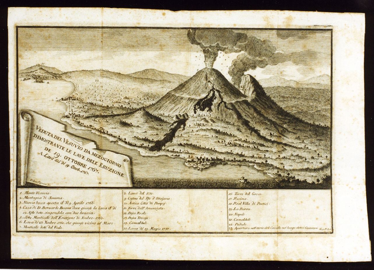 veduta del Vesuvio durante l'eruzione del 1767 (stampa tagliata) di Aloja Raffaello (sec. XVIII)