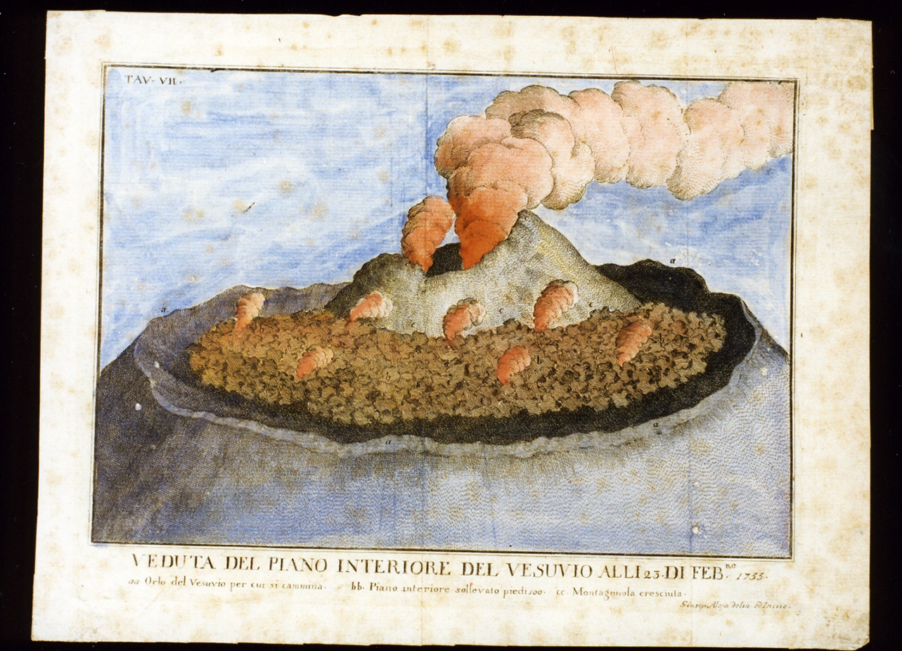 veduta del cratere del Vesuvio durante l'eruzione del 1755 (stampa a colori tagliata) di Aloja Giuseppe (sec. XVIII)