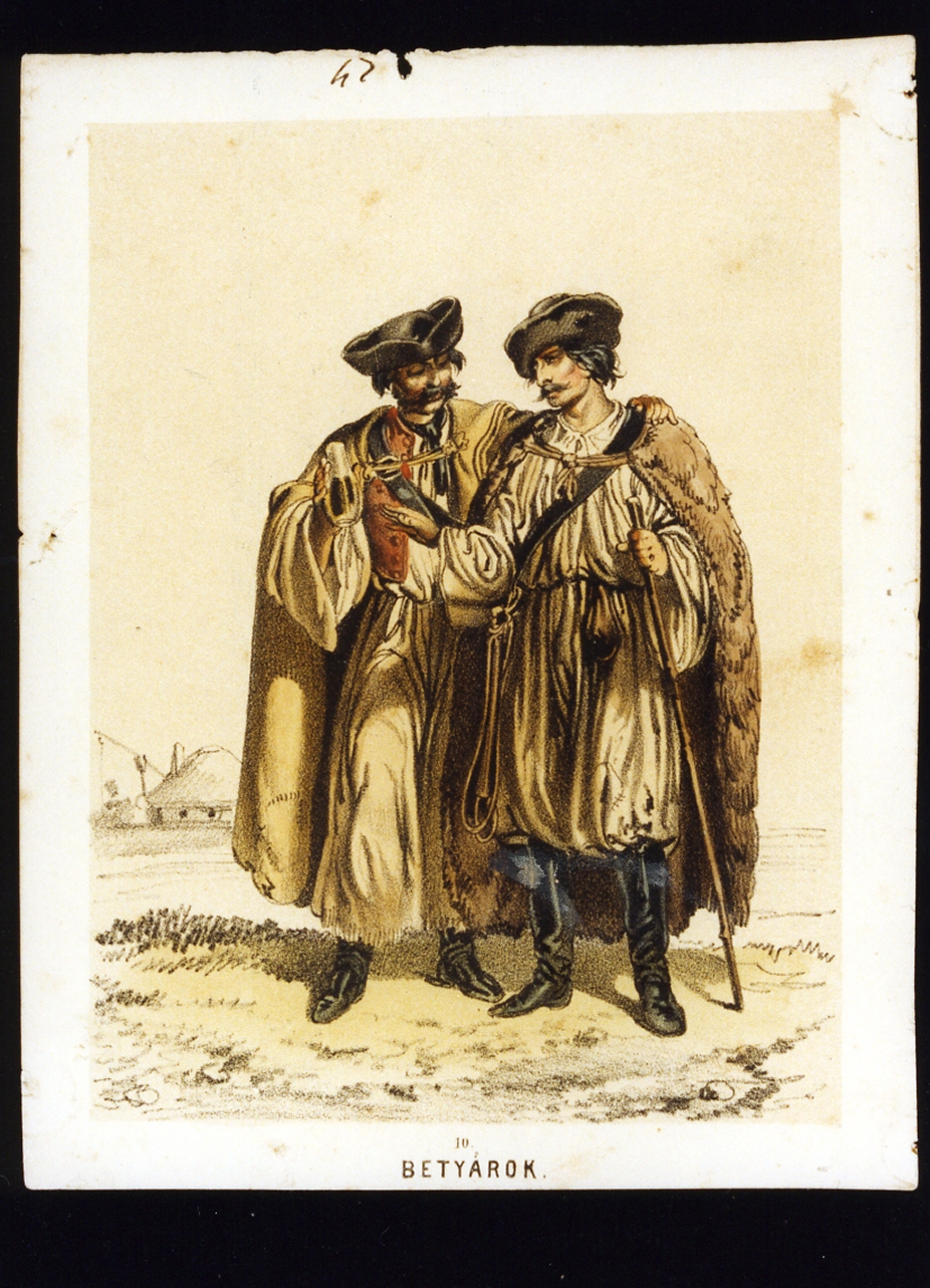figure maschili in costume popolare ungherese (stampa a colori) - ambito ungherese (seconda metà sec. XIX)