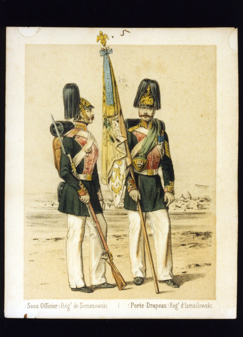 sottufficiale e portabandiera dell'esercito russo (stampa a colori) - ambito italiano (sec. XIX)