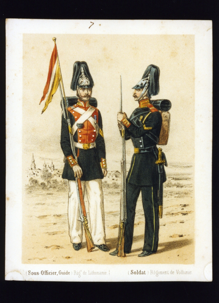 sottufficiale e soldato dell'esercito russo (stampa a colori) - ambito italiano (sec. XIX)