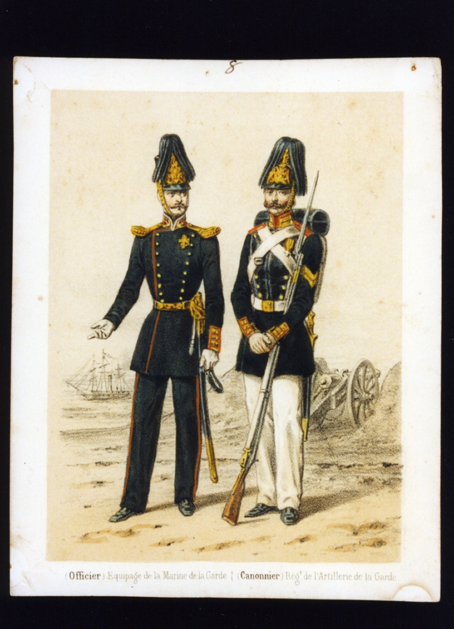 ufficiale e cannoniere dell'esercito russo (stampa a colori) - ambito italiano (sec. XIX)