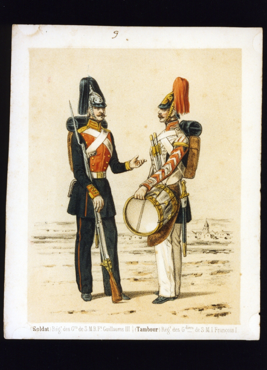 soldato e tamburino dell'esercito russo (stampa a colori) - ambito italiano (sec. XIX)