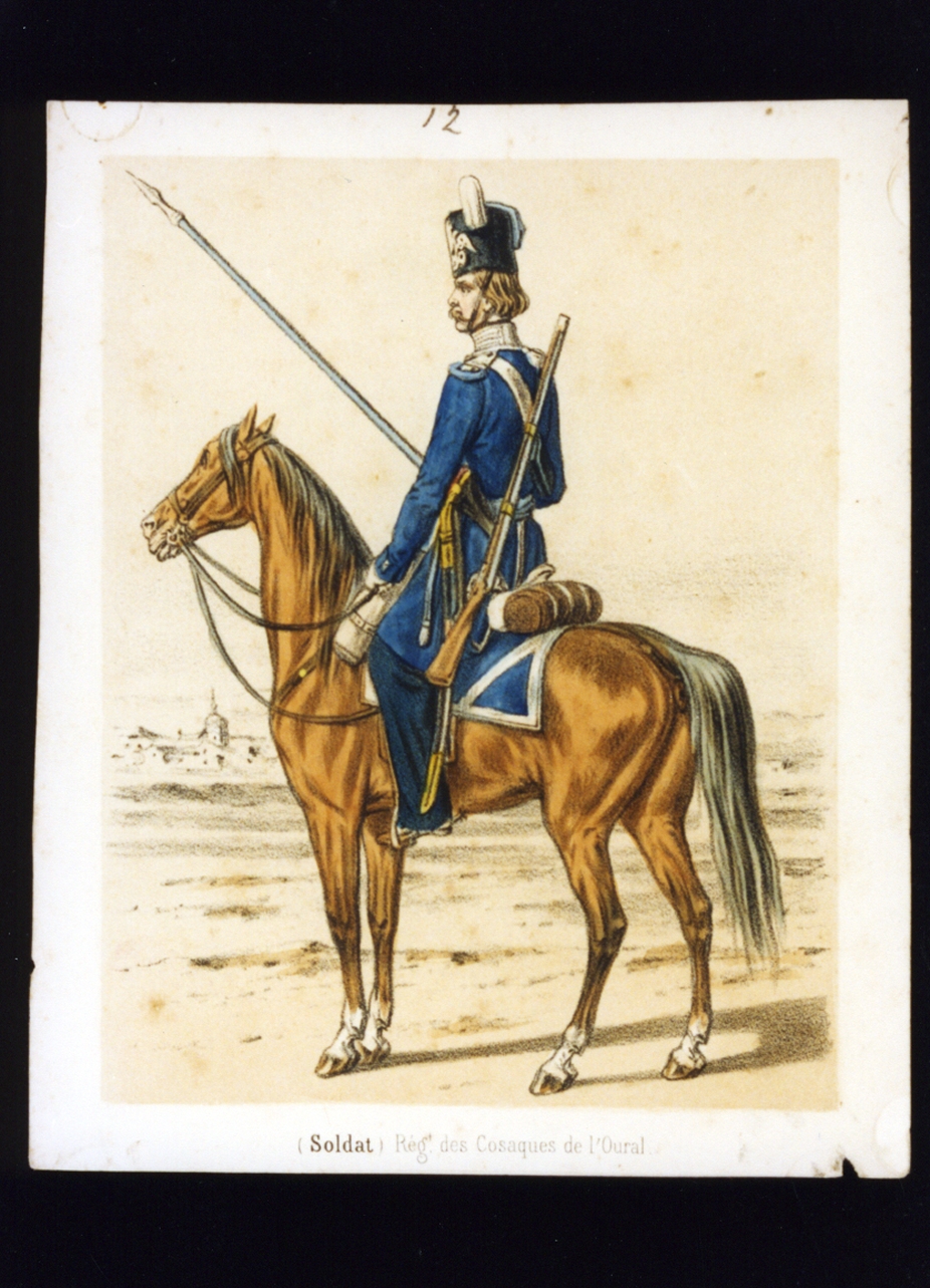 militare dell'esercito russo a cavallo (stampa a colori) - ambito italiano (sec. XIX)