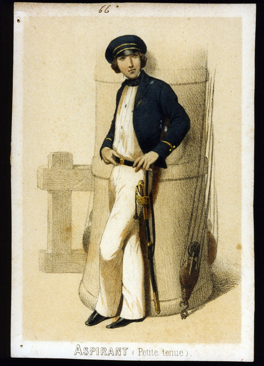 militare dell'esercito di Napoleone III: allievo ufficiale di marina intenuta di bordo (stampa a colori) - ambito francese (sec. XIX)