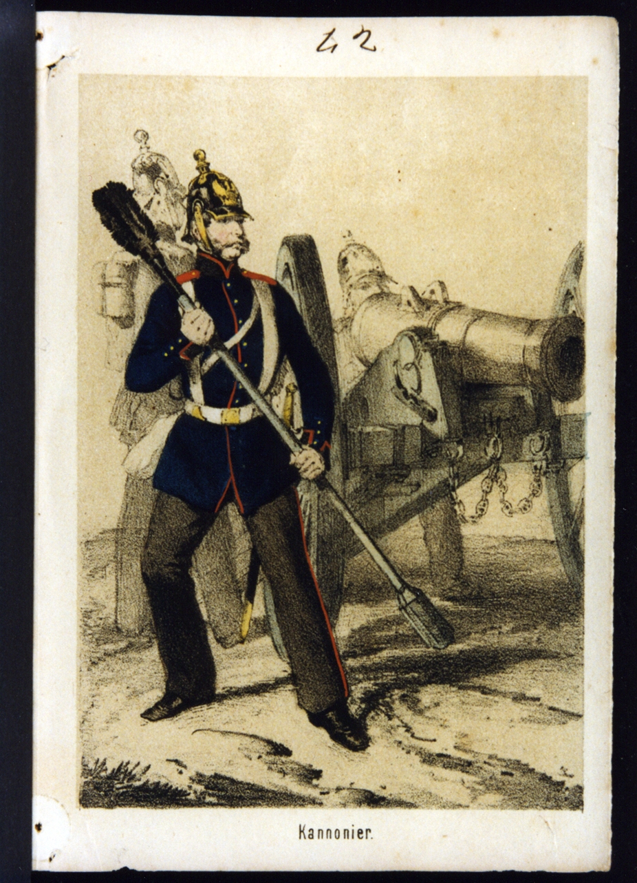 militare dell'esercito prussiano: cannoniere (stampa a colori) - ambito tedesco (ultimo quarto sec. XIX)