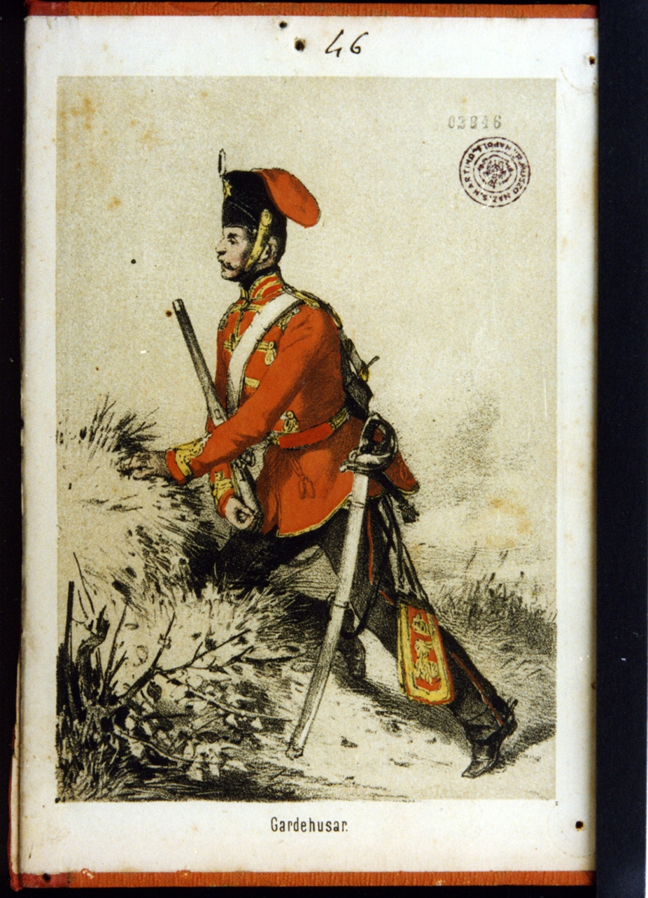 militare dell'esercito prussiano: ussaro (stampa a colori) - ambito tedesco (ultimo quarto sec. XIX)