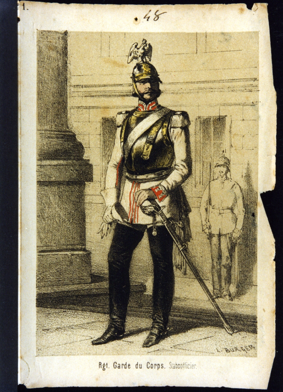 militare dell'esercito prussiano: ufficiale della guardia del corpo (stampa a colori) - ambito tedesco (ultimo quarto sec. XIX)