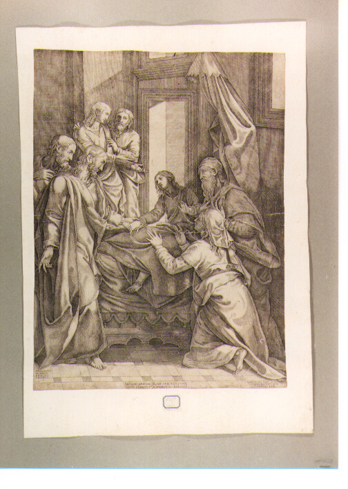 Cristo resuscita la figlia di Giairo (stampa) di Beatrizet Nicolas, Muziano Girolamo detto Girolamo da Brescia (sec. XVI)