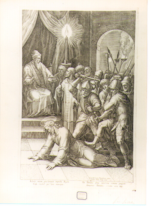 Cristo davanti a Caifa (stampa) di Schwarz Christoph, Sadeler Jan il Vecchio (sec. XVI)