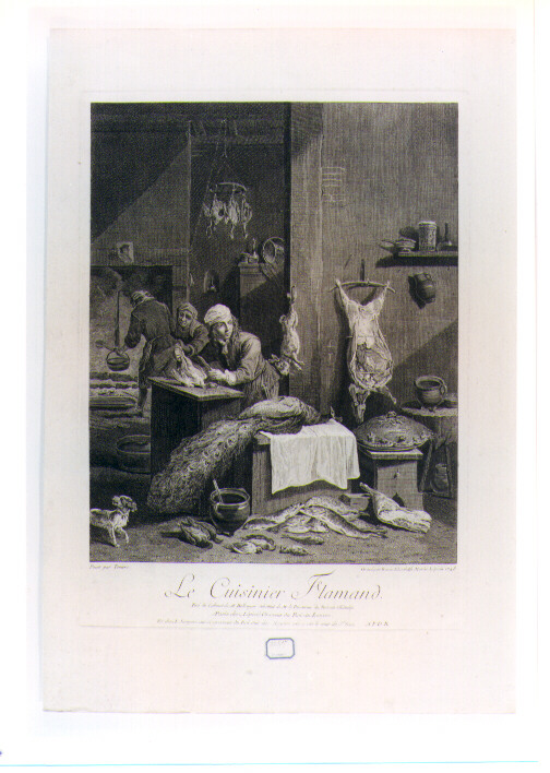 cucina con carni, verdura e fiasco di vino (stampa) di Teniers David il Giovane, Lépicié Renée Elisabeth (sec. XVIII)