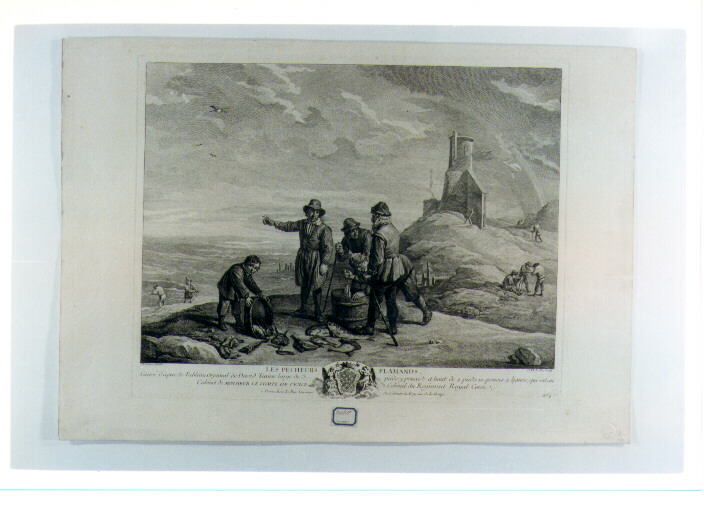 marina con pescatori e barche (stampa) di Teniers David il Giovane, Le Bas Jacques Philippe (sec. XVIII)