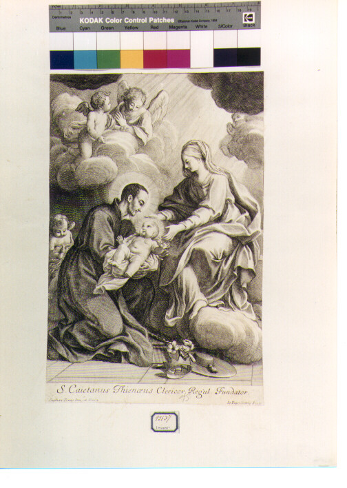 Madonna con Bambino e San Gaetano da Thiene (stampa) di Sintes Giovanni Battista, Pozzi Stefano (sec. XVIII)