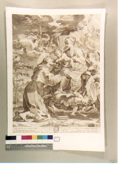 San Francesco d'Assisi riceve Gesu' Bambino dalla Madonna (stampa) di Fenzoni Ferraù, Villamena Francesco (sec. XVI)