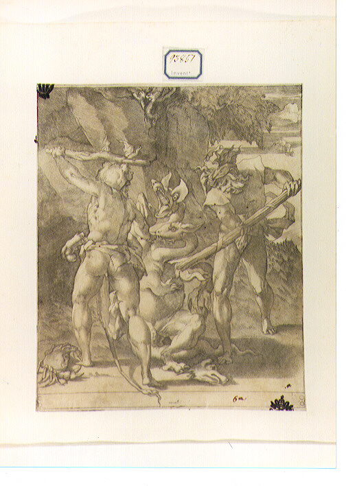Ercole e l'idra di Lerna (stampa) di Giovan Battista di Jacopo detto Rosso Fiorentino, Caraglio Giovanni Giacomo (sec. XVI)
