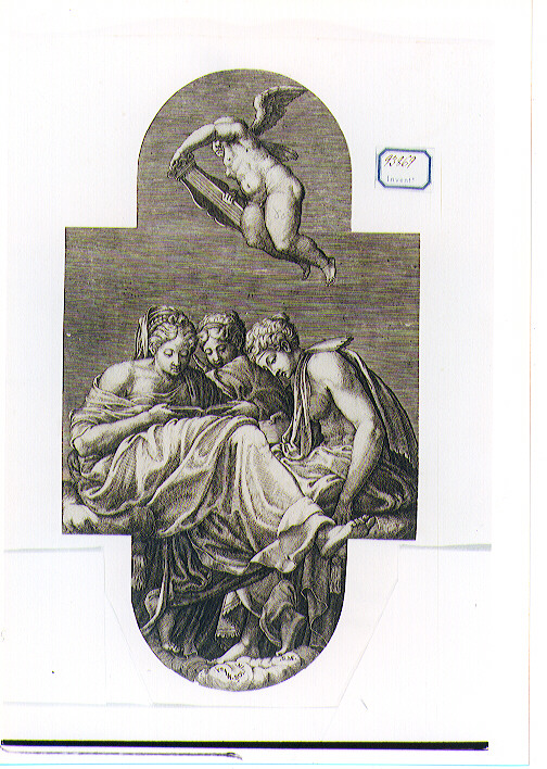 tre Muse e Genio con lira (stampa) di Ghisi Giorgio, Primaticcio Francesco detto Bologna (sec. XVI)