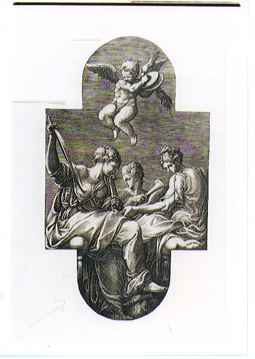Tre Muse e Genio con Piatti (stampa) di Primaticcio Francesco detto Bologna, Ghisi Giorgio (sec. XVI)