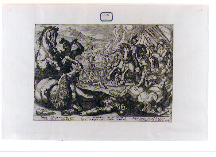 Giosuè brucia i carri dei nemici ed amputa le zampe dei loro cavalli (stampa) di De Jode Pieter II, Tempesta Antonio (CERCHIA) (sec. XVII)