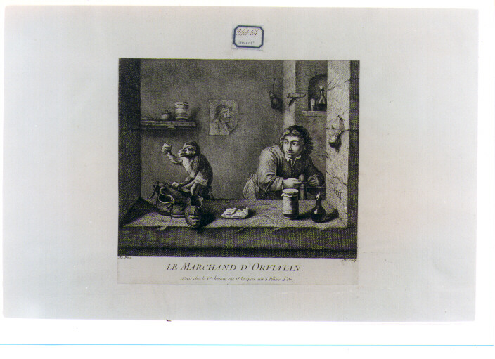 interno di bottega con venditore e scimmia (stampa) di Haas Arnol, Major Thomas (sec. XVIII)