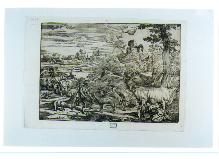 paesaggio con mungitrice (stampa) di Vecellio Tiziano, Boldrini Niccolò (sec. XVI)