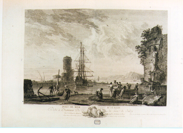 veduta di un porto con rovine e figure (stampa) di Vernet Claude Joseph, Le Bas Jacques Philippe (sec. XVIII)