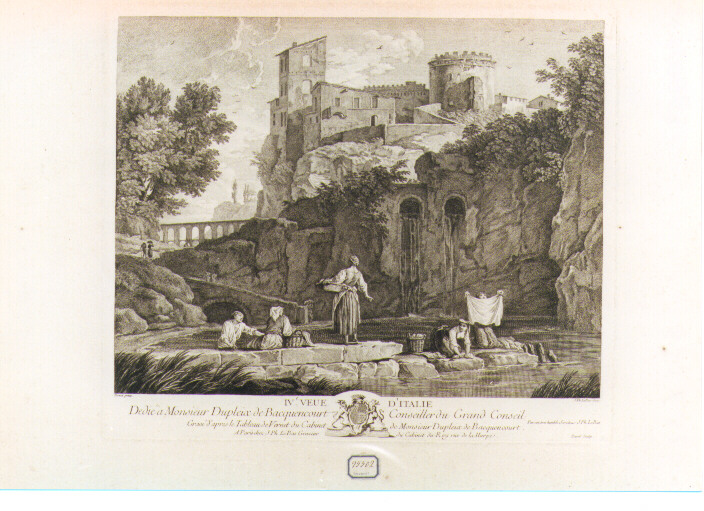 paesaggio fluviale con figure e architetture (stampa) di Vernet Claude Joseph (sec. XVIII)
