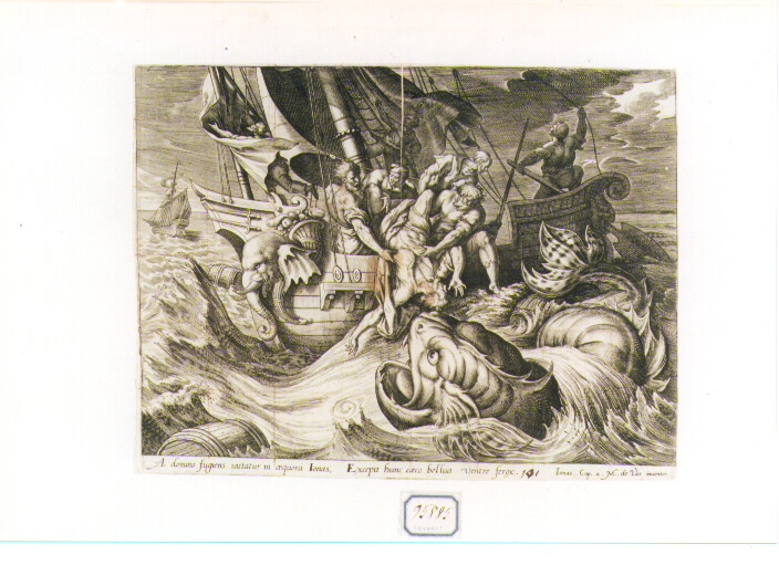 Giona esce dal ventre della balena (stampa) di Wierix Hieronymus (CERCHIA) (secc. XVI/ XVII)