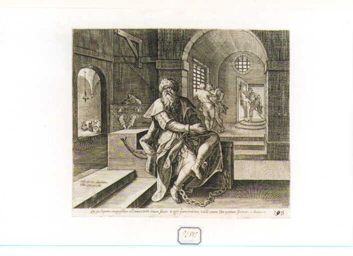 Manasse incatenato in Babilonia (stampa) di Galle Philip (secc. XVI/ XVII)